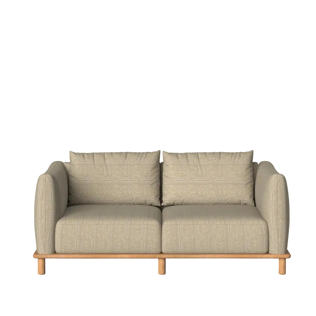 Beige sofa with wooden legs on a white background
