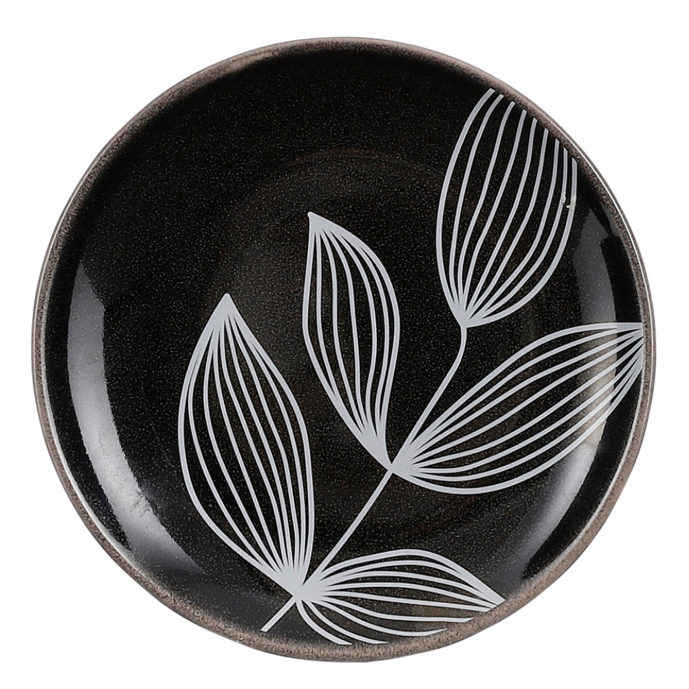 Tabo Stoneware Ceramic Plate with Leaf Design- Black