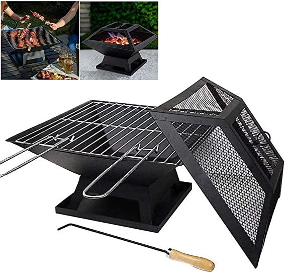 Bad Axe "Chopping Block" Firepit Including Cooking Grill, Mesh Cover, Ash Tray 