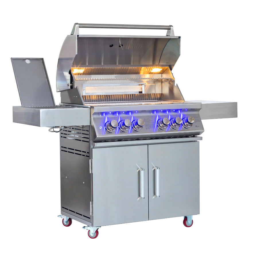 Freestanding 4 Burner Gas Grill With Infrared Side Burner With Stainless Steel Rotisseries