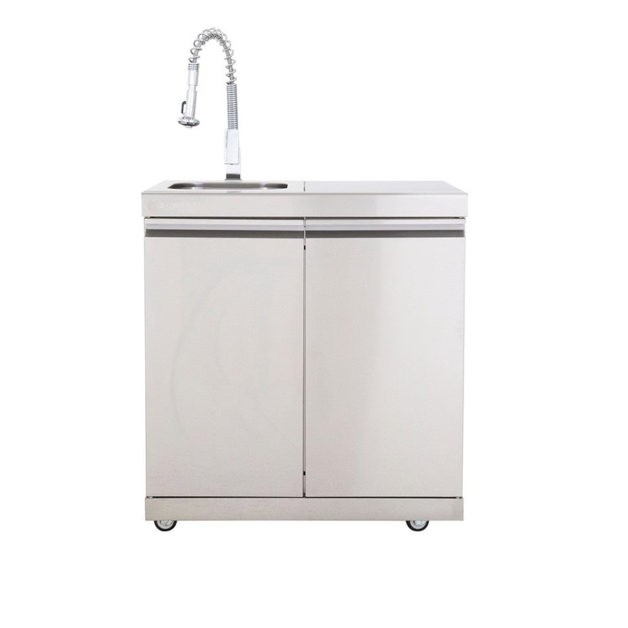 Suncoast Outdoor Stainless Steel Sink, Bin Storage With Wheels-Silver