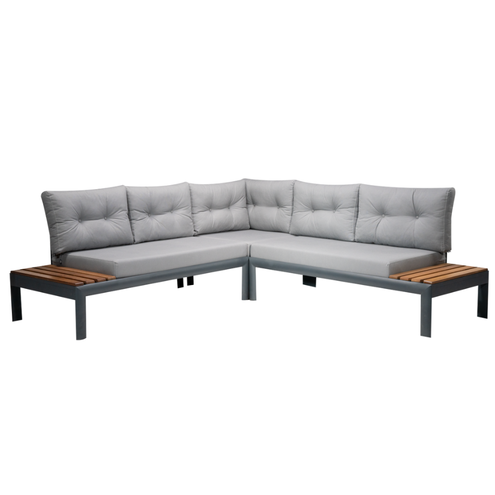 Miami Patio L-Shape Sofa Set Teakwood Aluminum With Grey Cushion