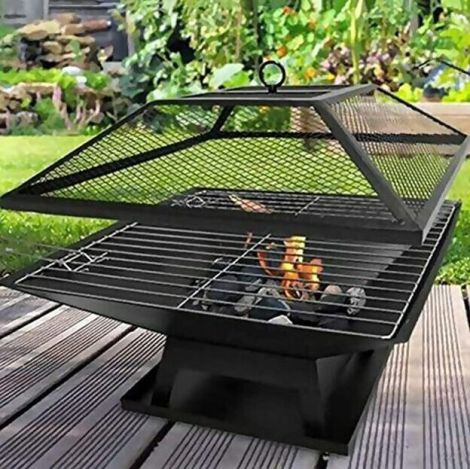 BAD AXE "CHOPPING BLOCK" FIREPIT INCLUDING COOKING GRILL, MESH COVER, ASH TRAY 