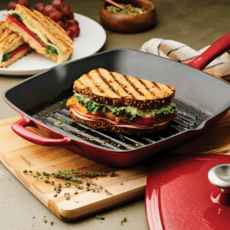 TRAMONTINA-11 IN GRILL PAN WITHPRESS-RED -NONSTICK ENAMELE COASTING