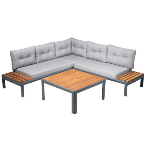 Miami Patio L-Shape Sofa Set Teakwood Aluminum With Grey Cushion