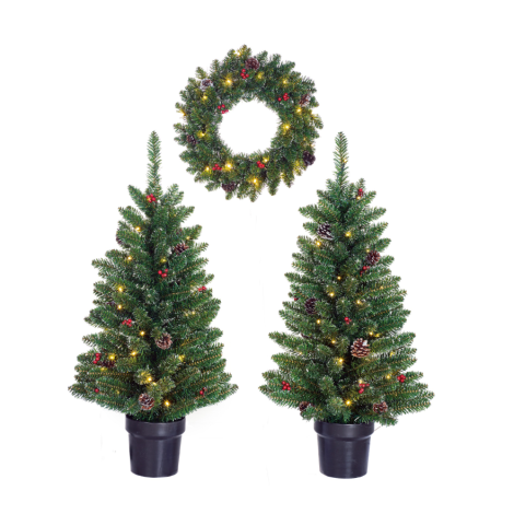 CRESTOM CHRISTMAS LED BATTERY OPERATED SET- TREE 2PC AND WREATH 1PC  