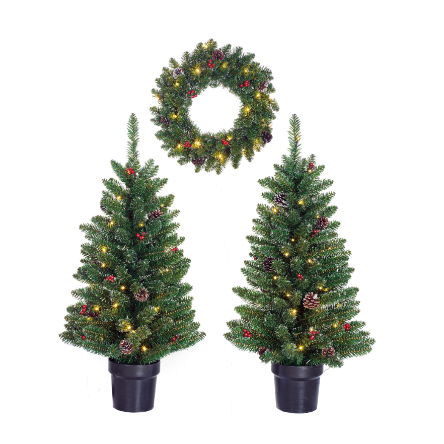 Crestom Christmas Tree 2Pc And Round Wreath 1pc With Led Battery Operated Set