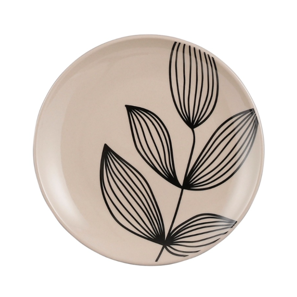 Tabo Stoneware Ceramic Plate With Leaf Design- Beige
