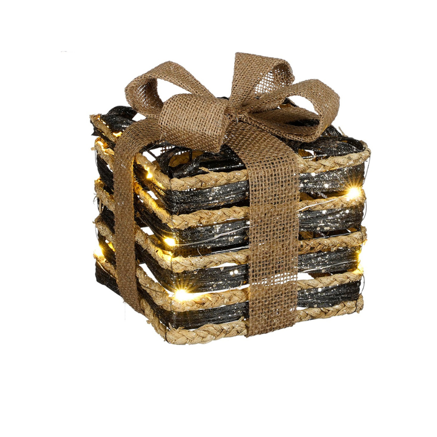 Christmas Decorative Present With 10 LED Lights Battery-Operated (S)-Brown 