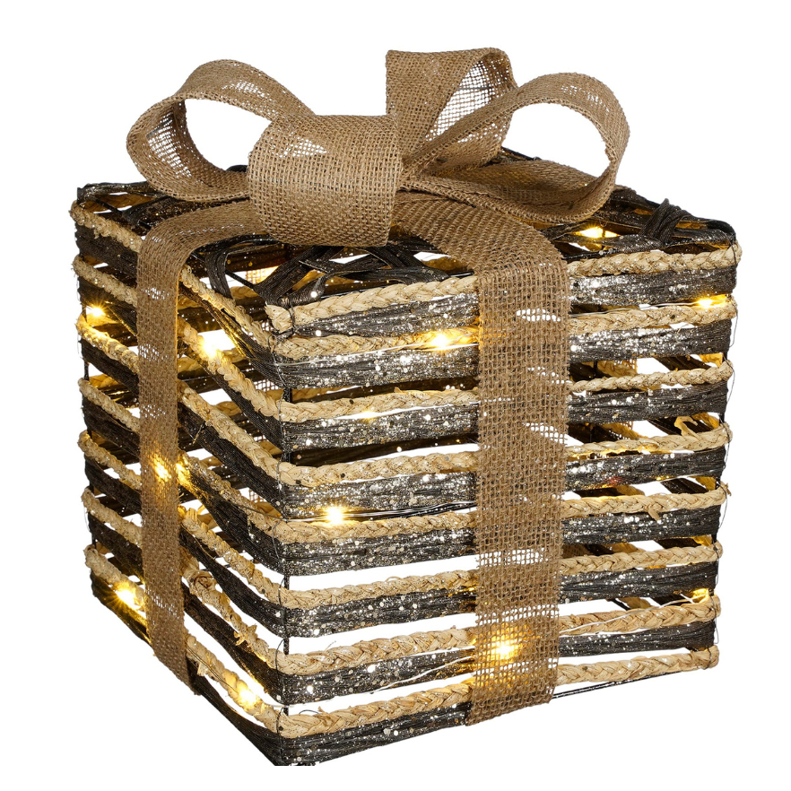 Christmas Decorative Present With 20 LED Lights Battery-Operated (L) - Brown