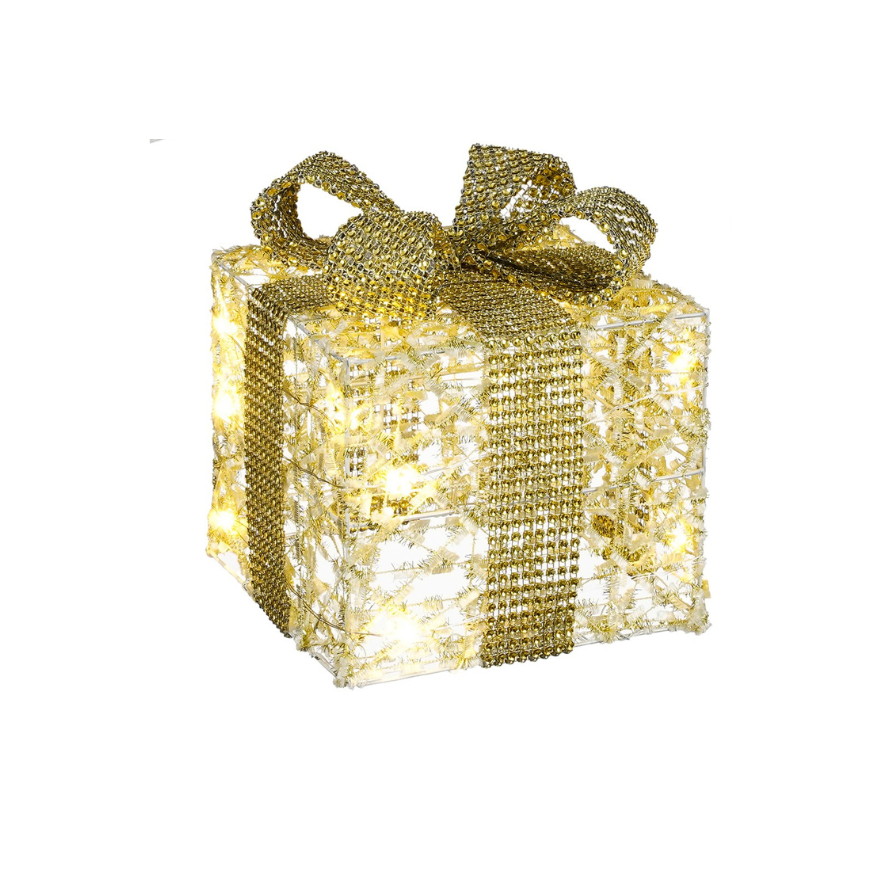 Christmas Decorative Present With 10 LED Lights Battery Operated (S) - Gold