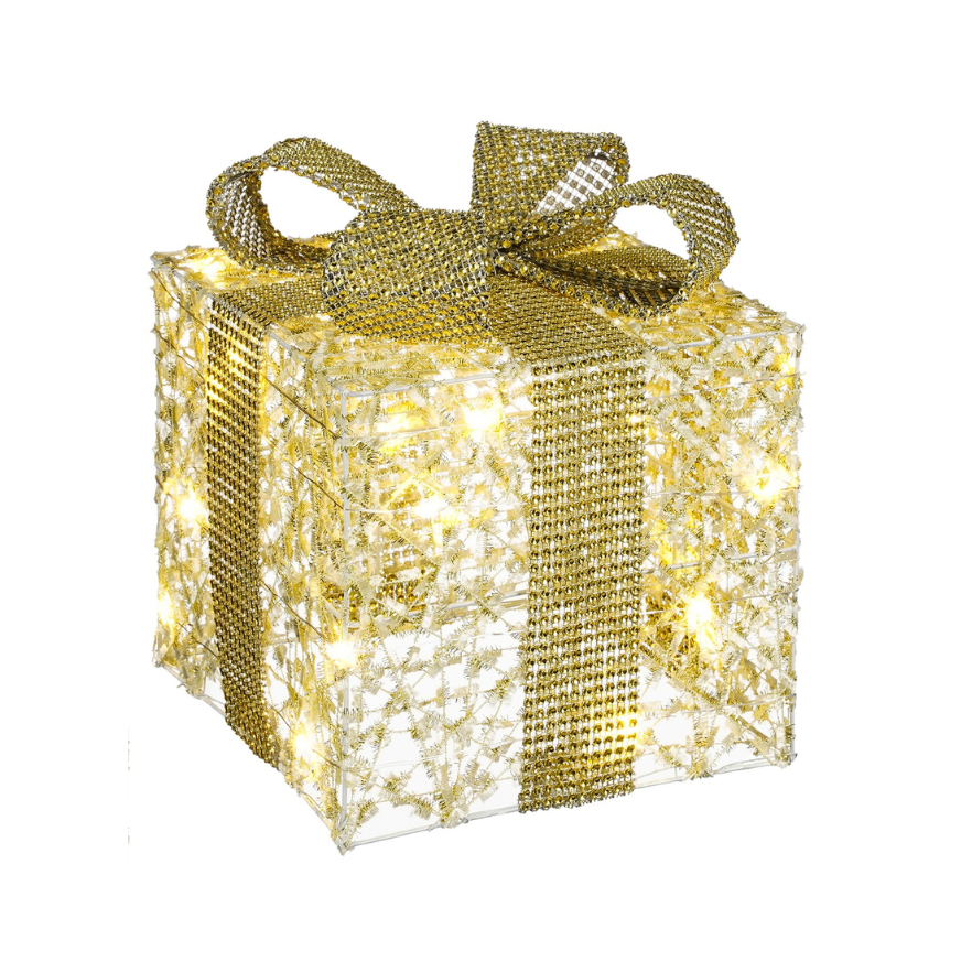 Christmas Decorative Present With 20 LED Lights Battery Operated (M)- Golden 
