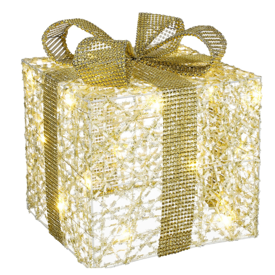 Christmas Decorative Present With 20 LED Lights Battery Operated (L) - Golden