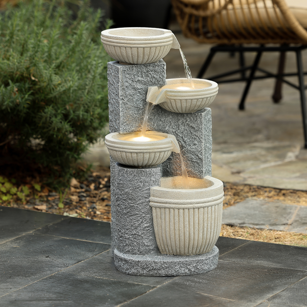 Cascading Bowl Fountain With LED Light-Beige